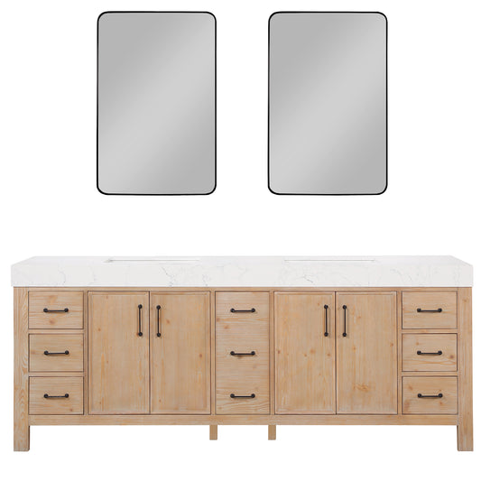 Vinnova, León 84in. Free-standing Double Bathroom Vanity in Fir Wood Brown with Composite top in Lightning White and Mirror