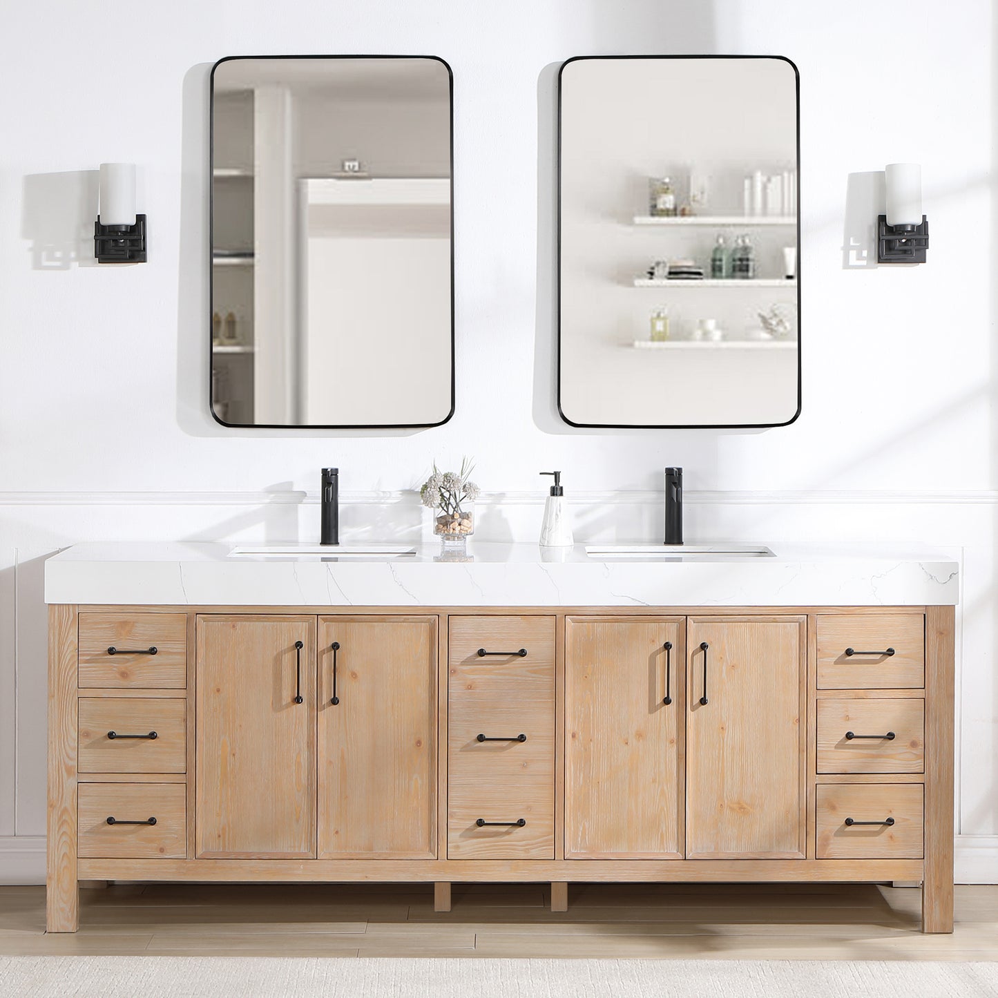 Vinnova, León 84in. Free-standing Double Bathroom Vanity in Fir Wood Brown with Composite top in Lightning White and Mirror