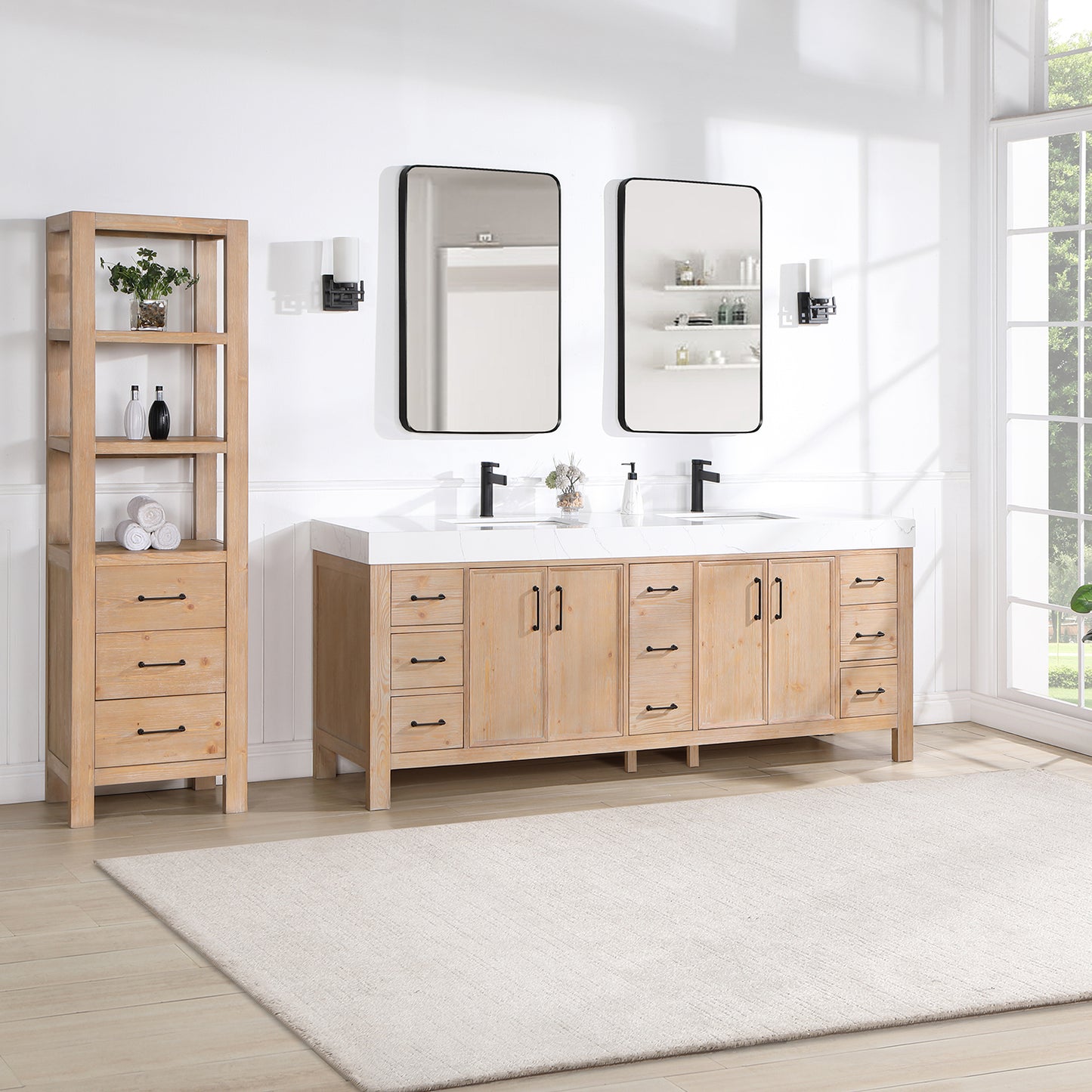 Vinnova, León 84in. Free-standing Double Bathroom Vanity in Fir Wood Brown with Composite top in Lightning White and Mirror