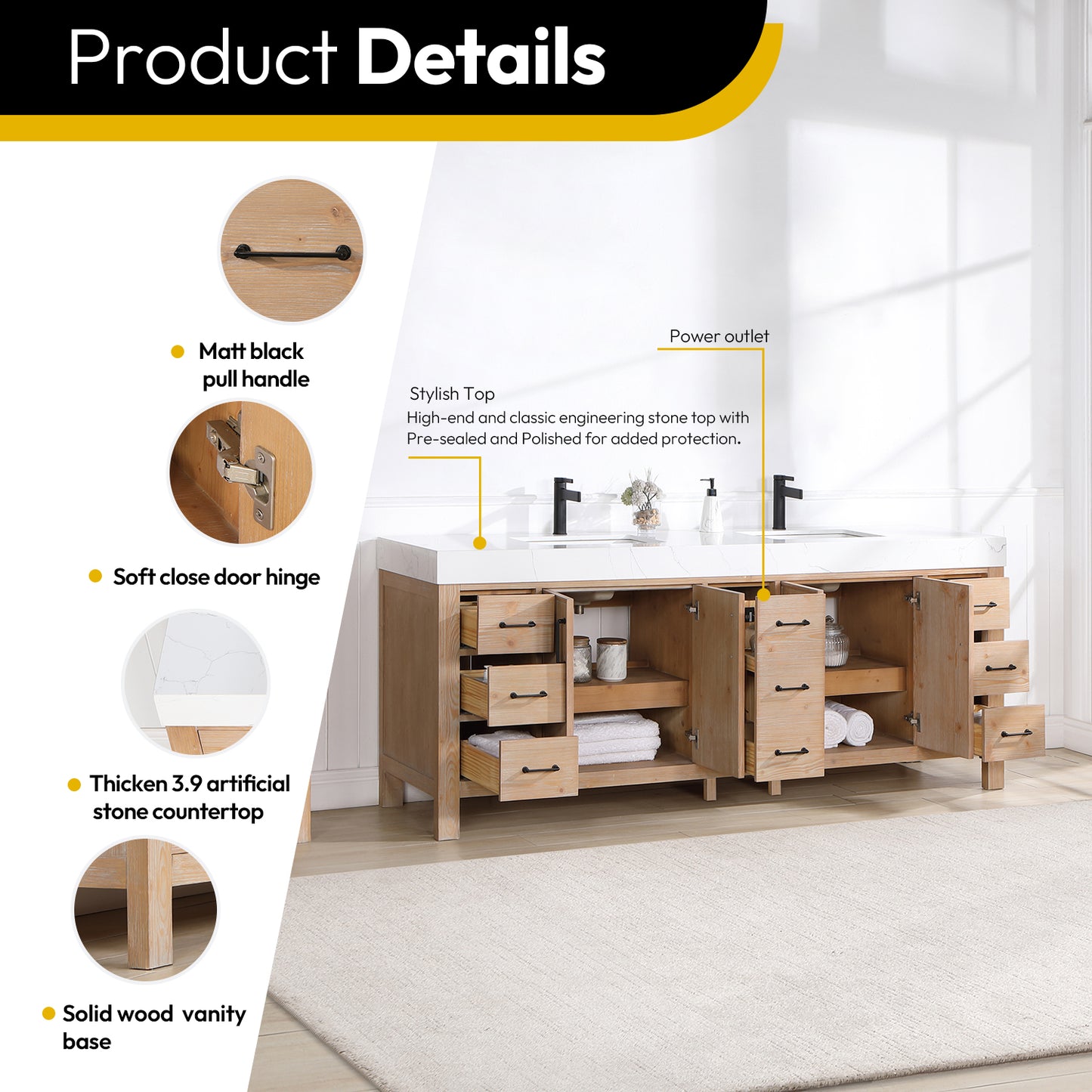 Vinnova, León 84in. Free-standing Double Bathroom Vanity in Fir Wood Brown with Composite top in Lightning White and Mirror