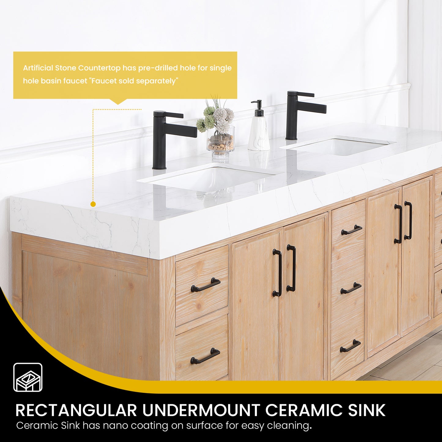 Vinnova, León 84in. Free-standing Double Bathroom Vanity in Fir Wood Brown with Composite top in Lightning White and Mirror