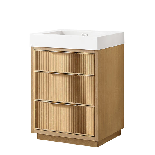 Vinnova, Hohhot 24" Free-standing Single Bath Vanity in Washed Ash Grey with White Integrated Stone Sink Top