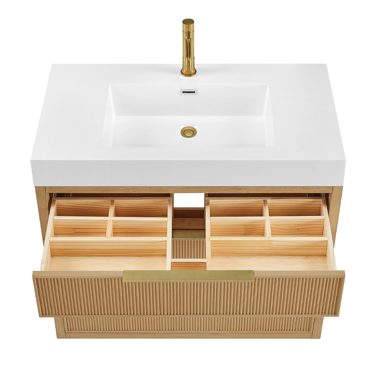 Vinnova, Hohhot 36" Free-standing Single Bath Vanity in Washed Ash Grey with White Integrated Stone Sink Top