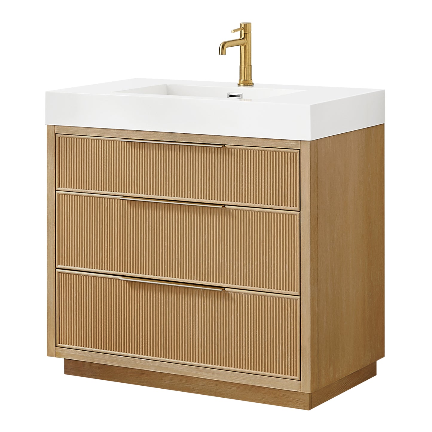 Vinnova, Hohhot 36" Free-standing Single Bath Vanity in Washed Ash Grey with White Integrated Stone Sink Top