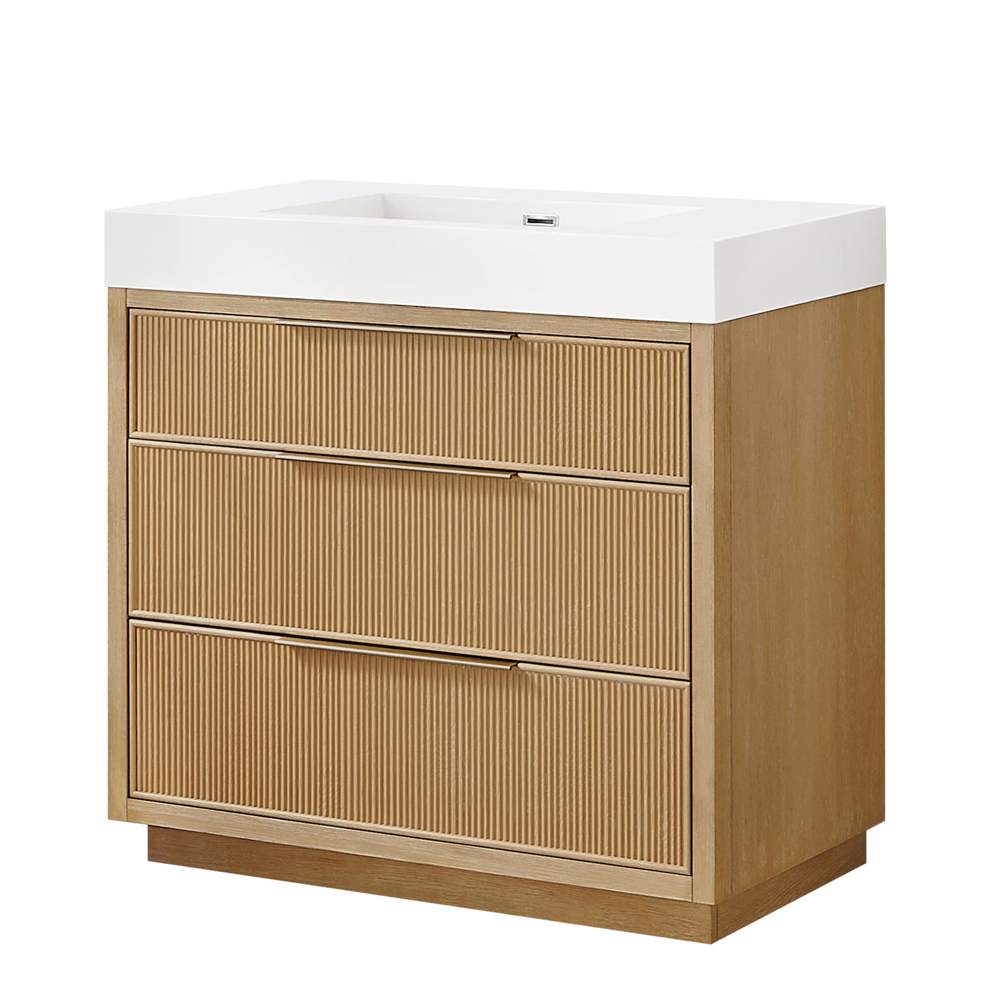 Vinnova, Hohhot 36" Free-standing Single Bath Vanity in Washed Ash Grey with White Integrated Stone Sink Top