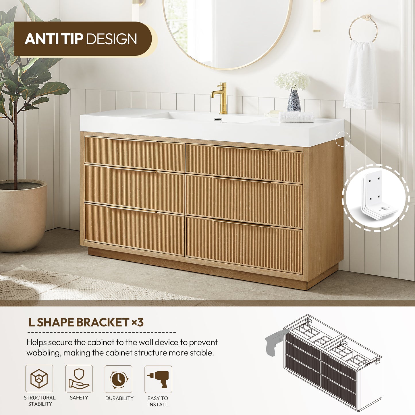 Vinnova, Hohhot 60" Free-standing Single Bath Vanity in Washed Ash Grey with White Integrated Stone Sink Top