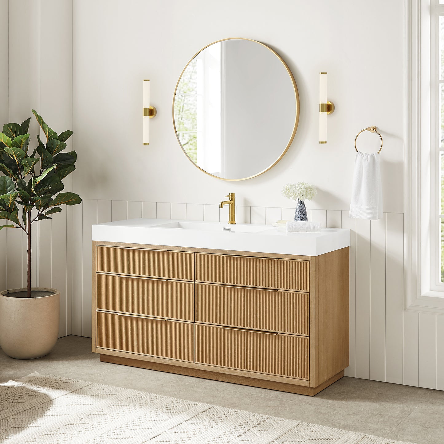 Vinnova, Hohhot 60" Free-standing Single Bath Vanity in Washed Ash Grey with White Integrated Stone Sink Top