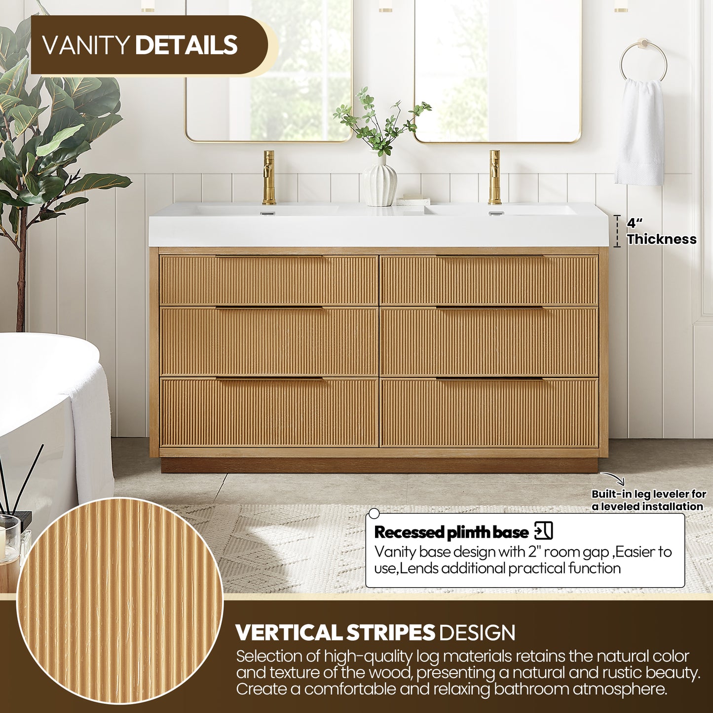 Vinnova, Hohhot 60M" Free-standing Double Bath Vanity in Washed Ash Grey with White Integrated Stone Sink Top