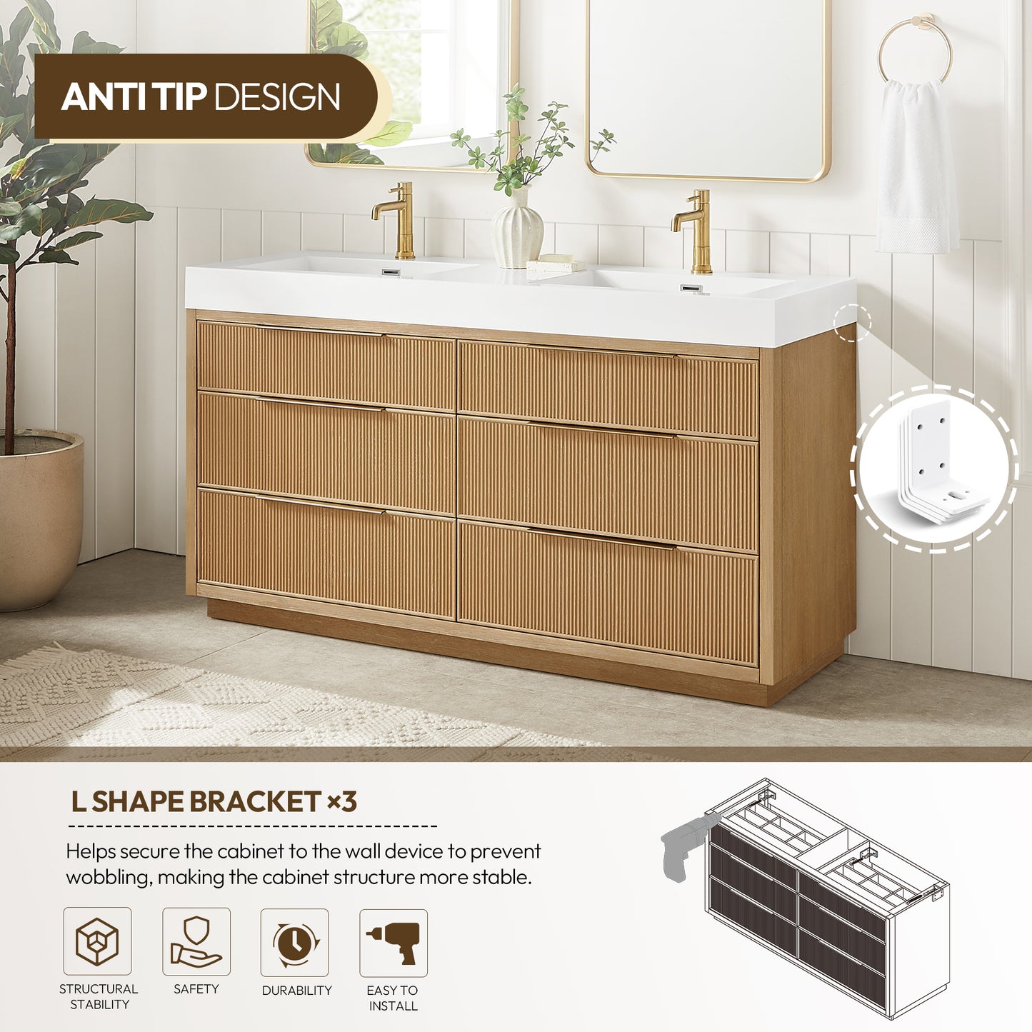 Vinnova, Hohhot 60M" Free-standing Double Bath Vanity in Washed Ash Grey with White Integrated Stone Sink Top