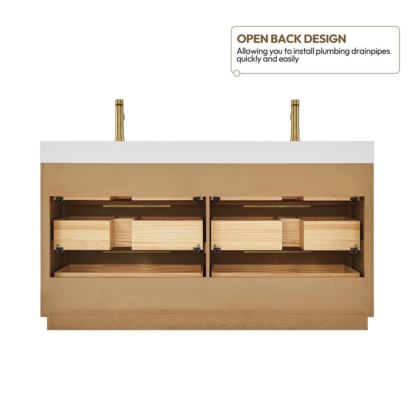 Vinnova, Hohhot 60M" Free-standing Double Bath Vanity in Washed Ash Grey with White Integrated Stone Sink Top