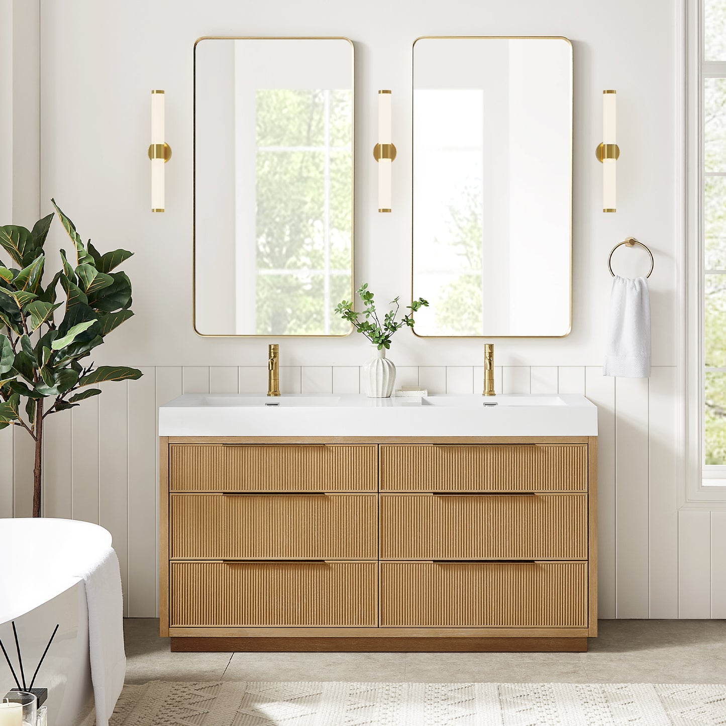 Vinnova, Hohhot 60M" Free-standing Double Bath Vanity in Washed Ash Grey with White Integrated Stone Sink Top