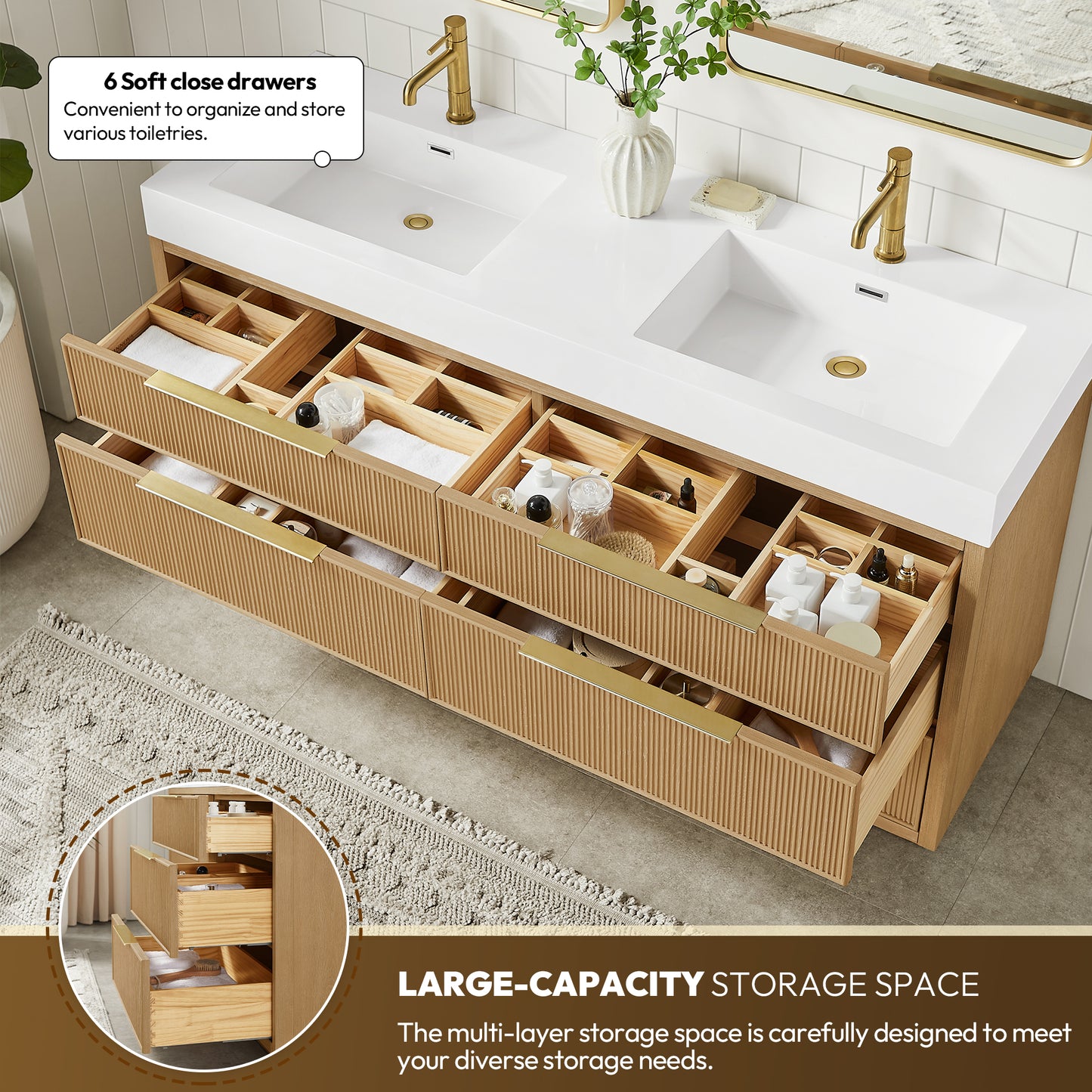 Vinnova, Hohhot 60M" Free-standing Double Bath Vanity in Washed Ash Grey with White Integrated Stone Sink Top