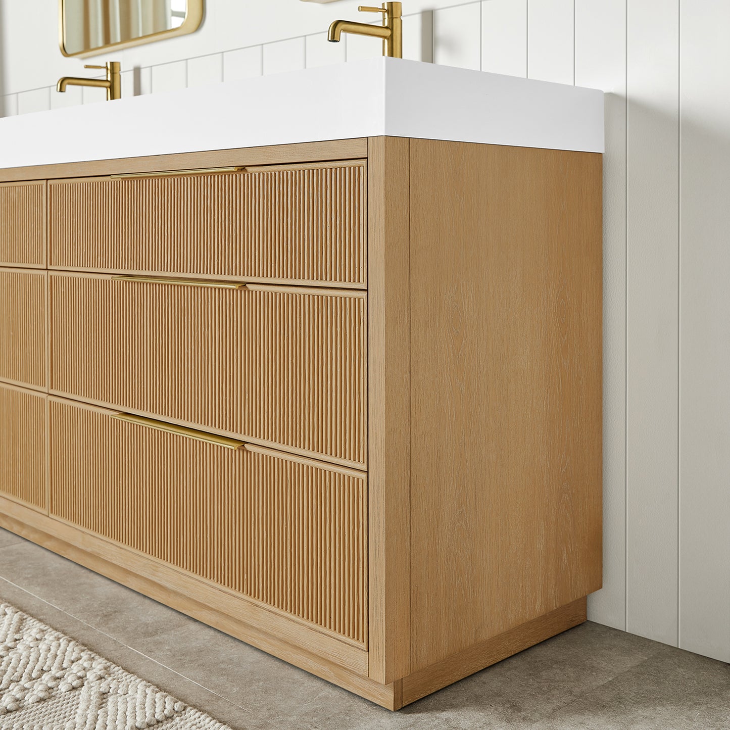 Vinnova, Hohhot 72" Free-standing Double Bath Vanity in Washed Ash Grey with White Integrated Stone Sink Top