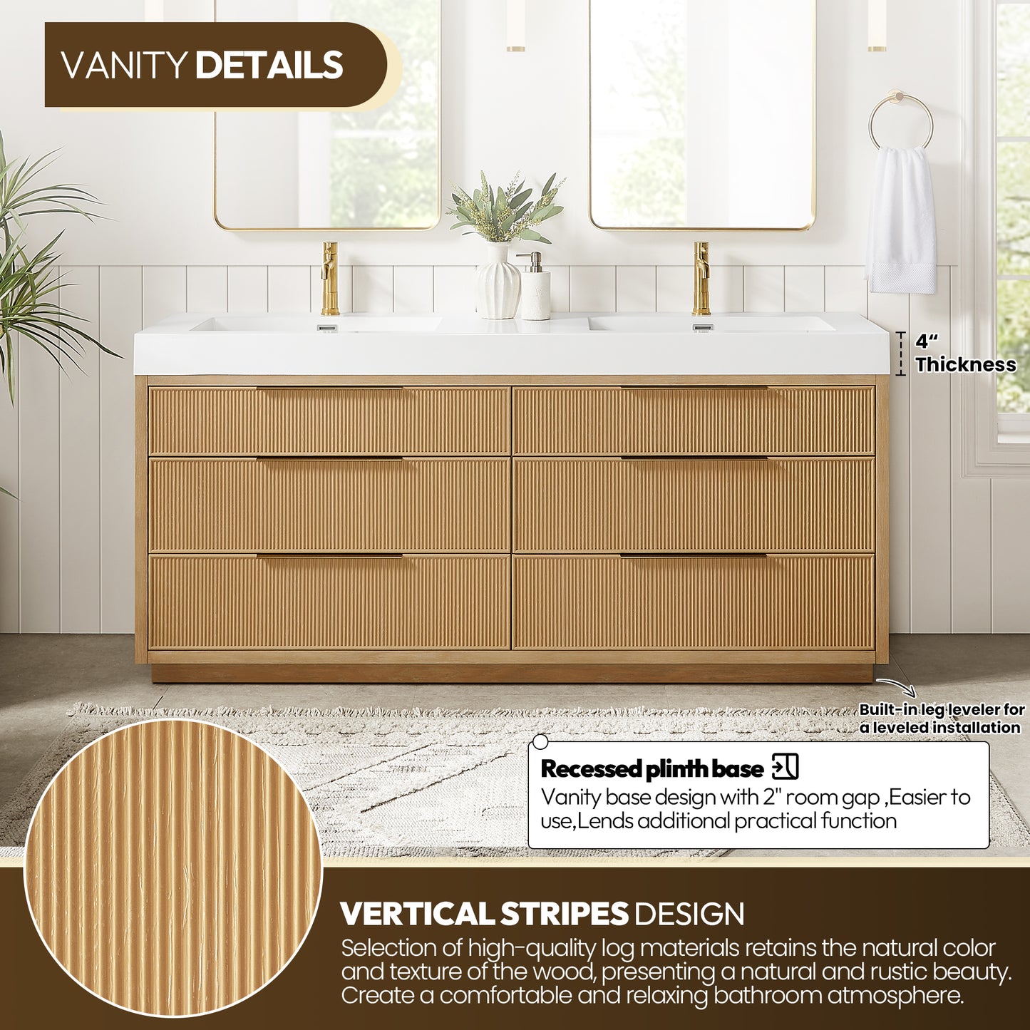 Vinnova, Hohhot 72" Free-standing Double Bath Vanity in Washed Ash Grey with White Integrated Stone Sink Top