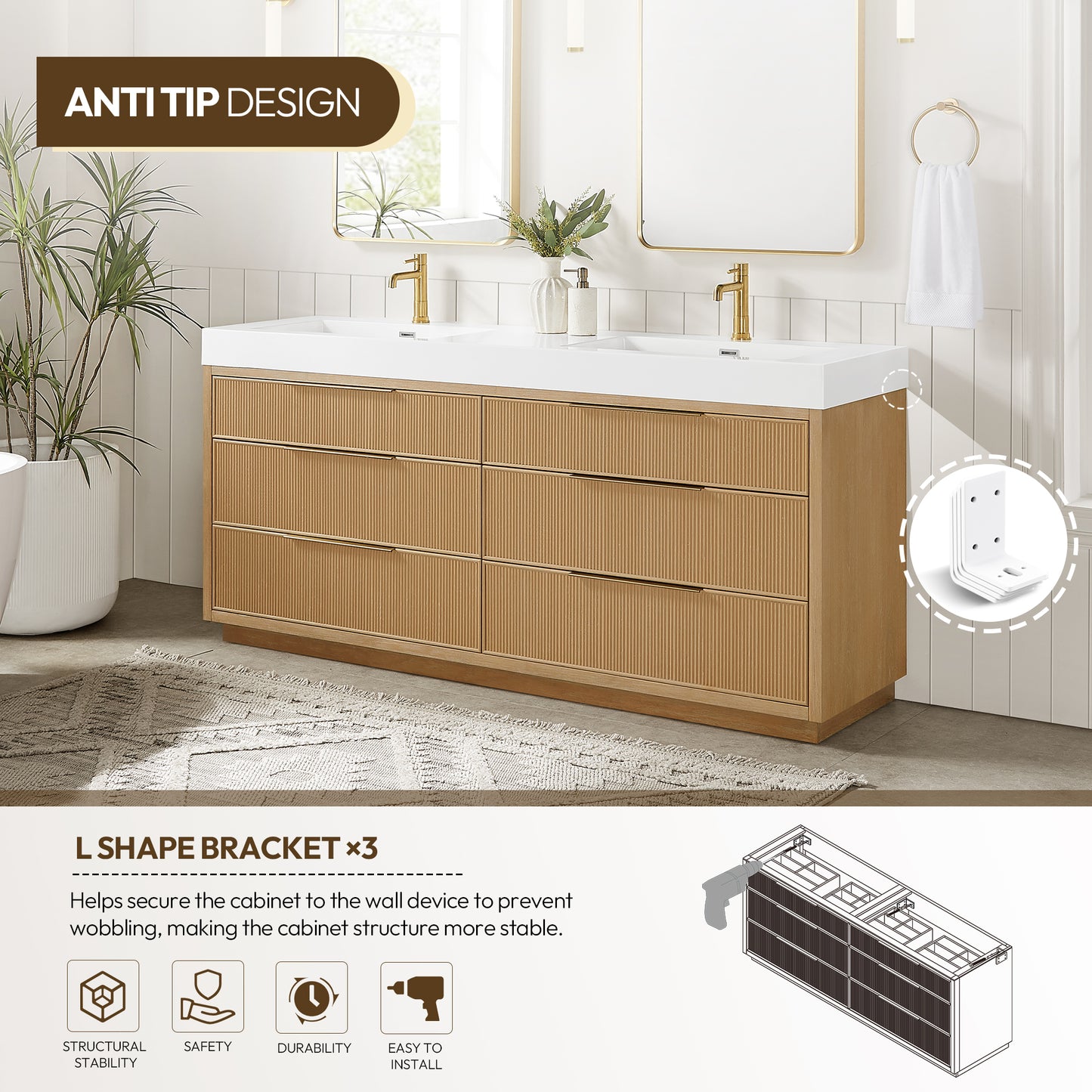 Vinnova, Hohhot 72" Free-standing Double Bath Vanity in Washed Ash Grey with White Integrated Stone Sink Top