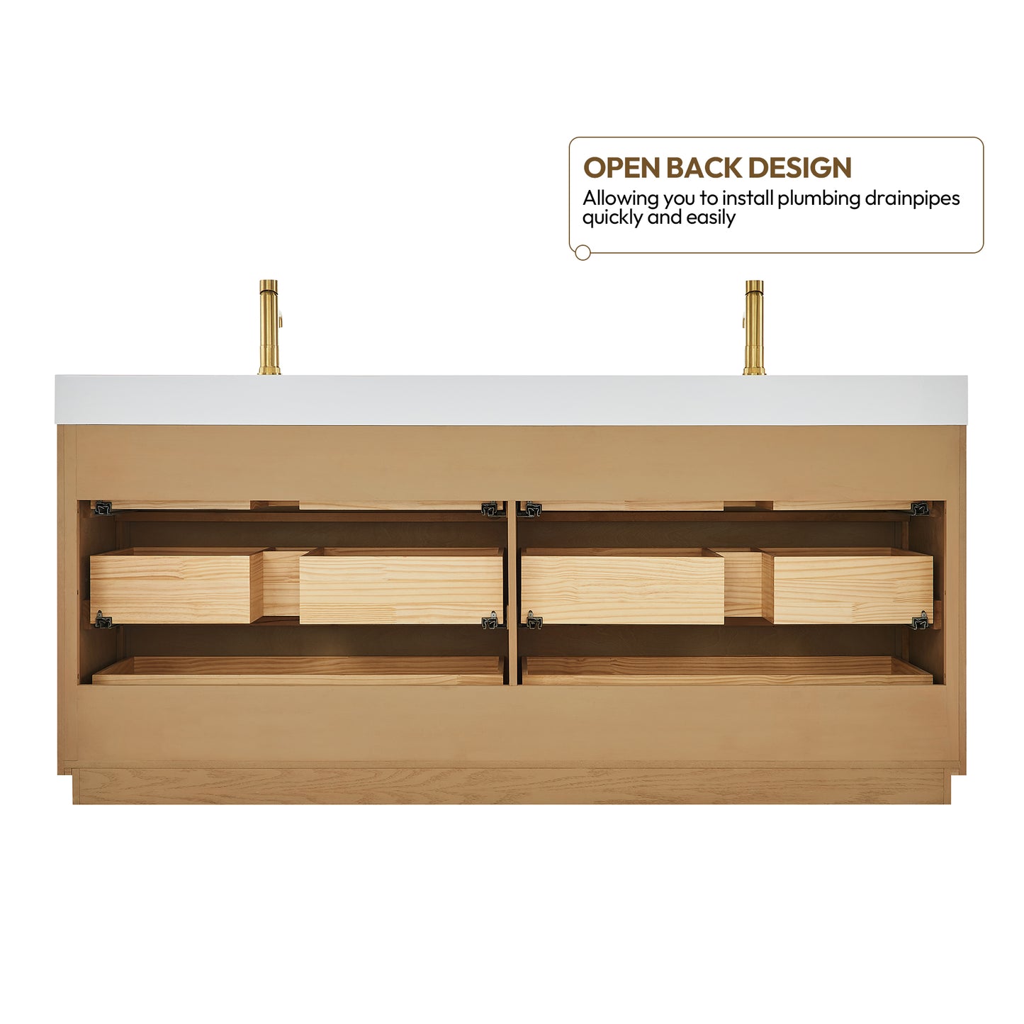 Vinnova, Hohhot 72" Free-standing Double Bath Vanity in Washed Ash Grey with White Integrated Stone Sink Top