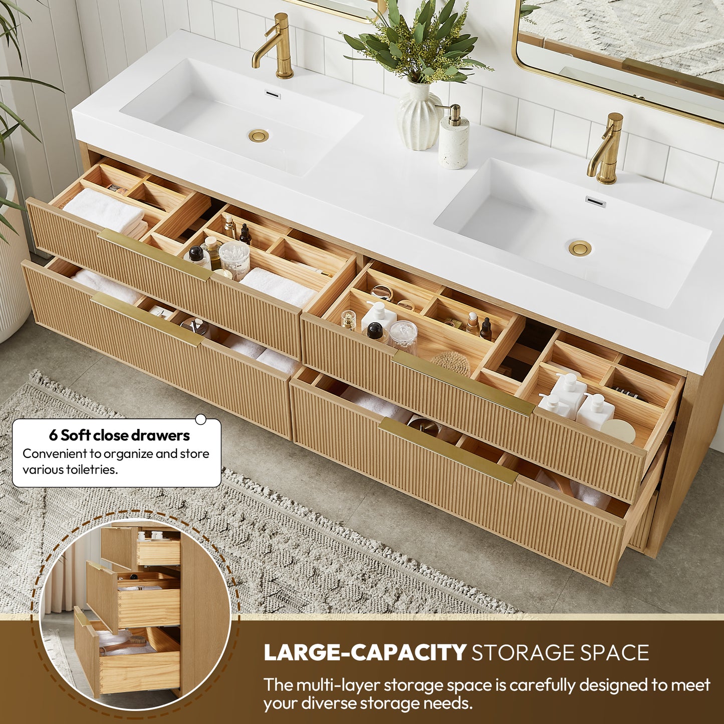 Vinnova, Hohhot 72" Free-standing Double Bath Vanity in Washed Ash Grey with White Integrated Stone Sink Top