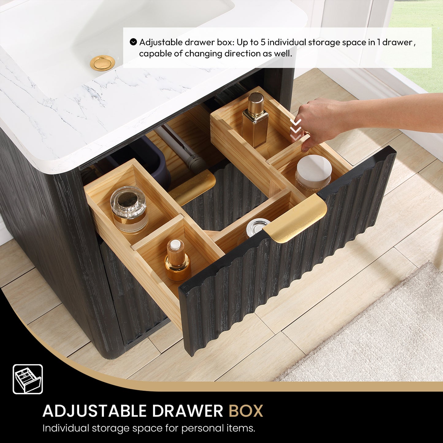 Vinnova, Cádiz 24in. Free-standing Single Bathroom Vanity in Fir Wood Black with Composite top in Lightning White and Mirror