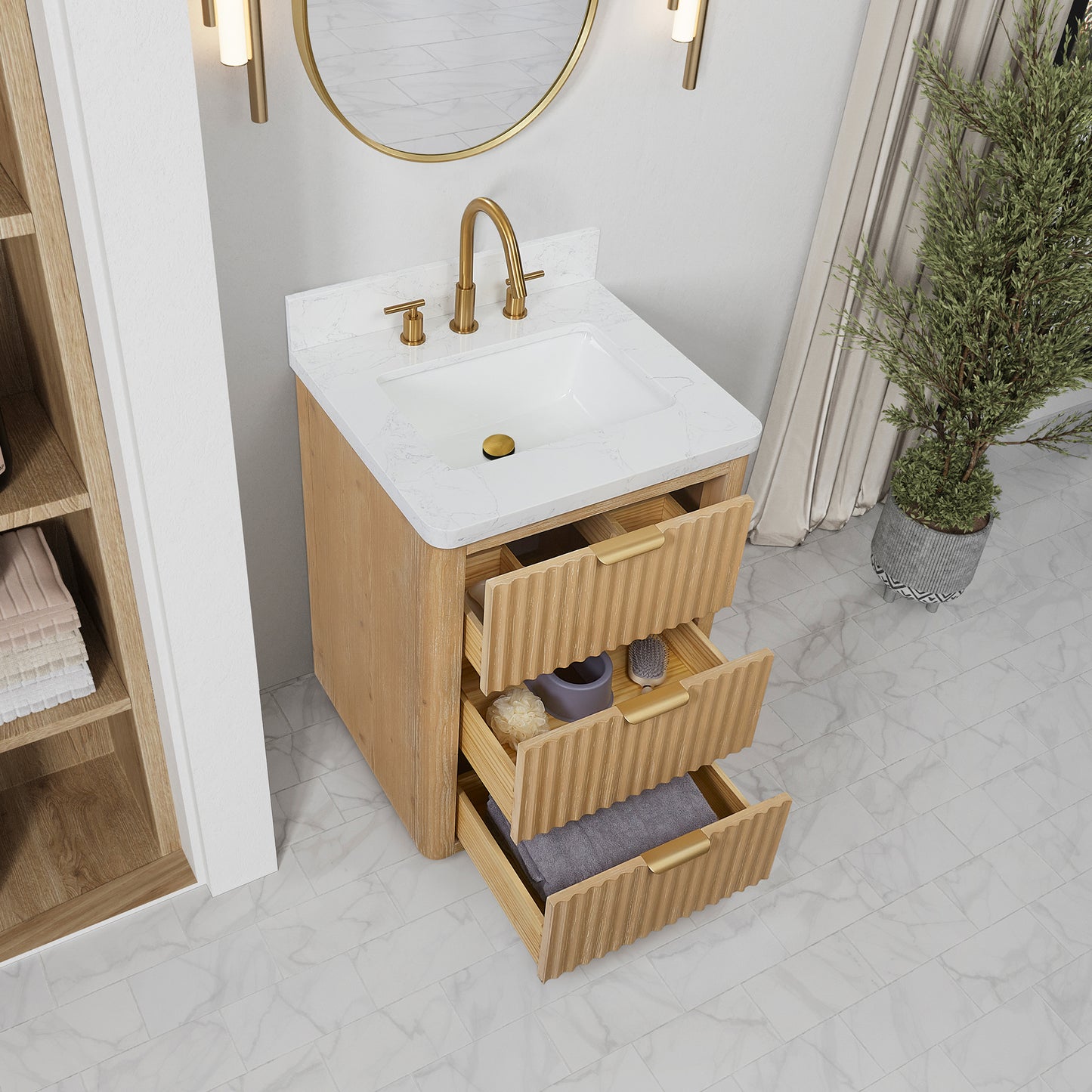 Vinnova, Cádiz 24in. Free-standing Single Bathroom Vanity in Washed Ash Grey with Composite top in Lightning White