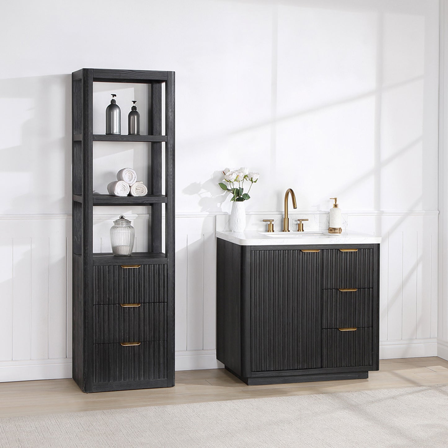 Vinnova, Cádiz 36in. Free-standing Single Bathroom Vanity in Washed Ash Grey with Composite top in Lightning White and Mirror
