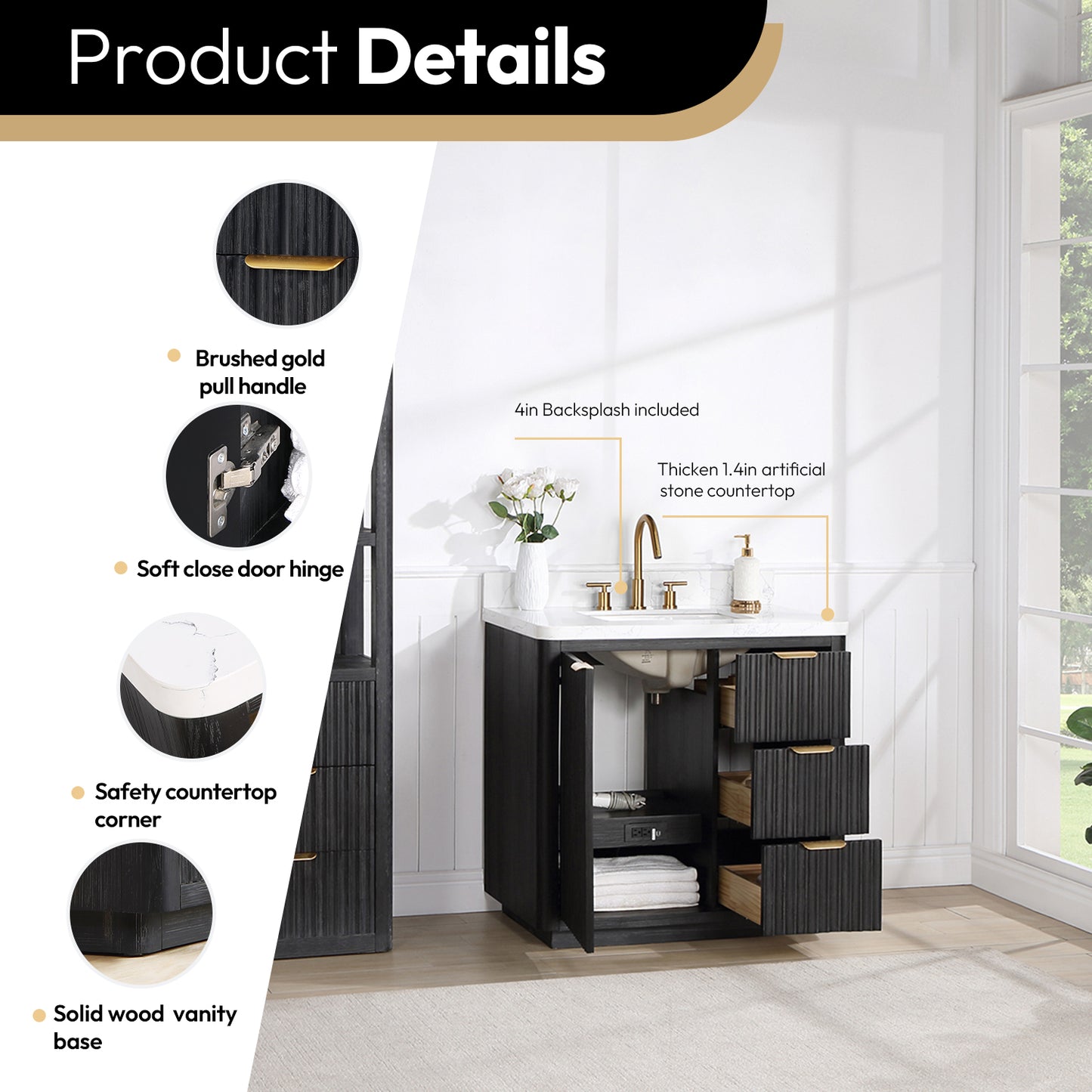 Vinnova, Cádiz 36in. Free-standing Single Bathroom Vanity in Fir Wood Black with Composite top in Lightning White