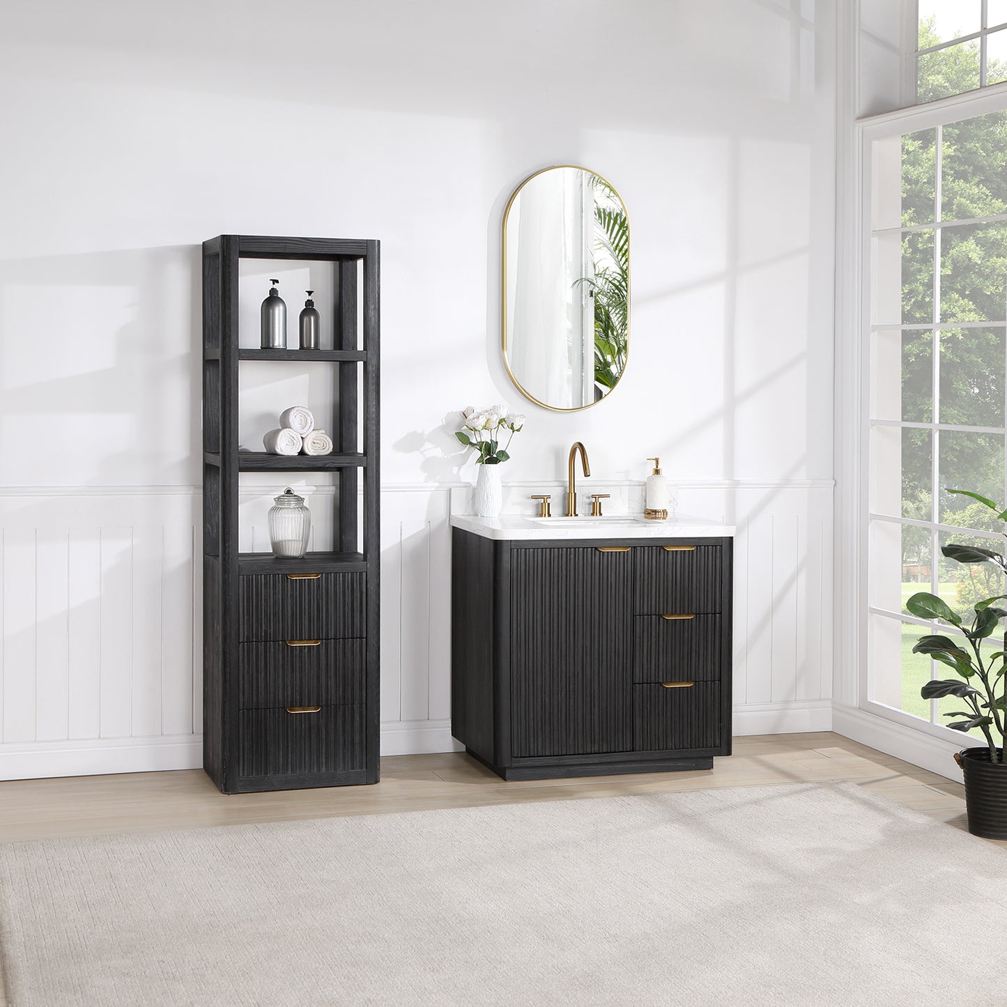Vinnova, Cádiz 36in. Free-standing Single Bathroom Vanity in Fir Wood Black with Composite top in Lightning White and Mirror
