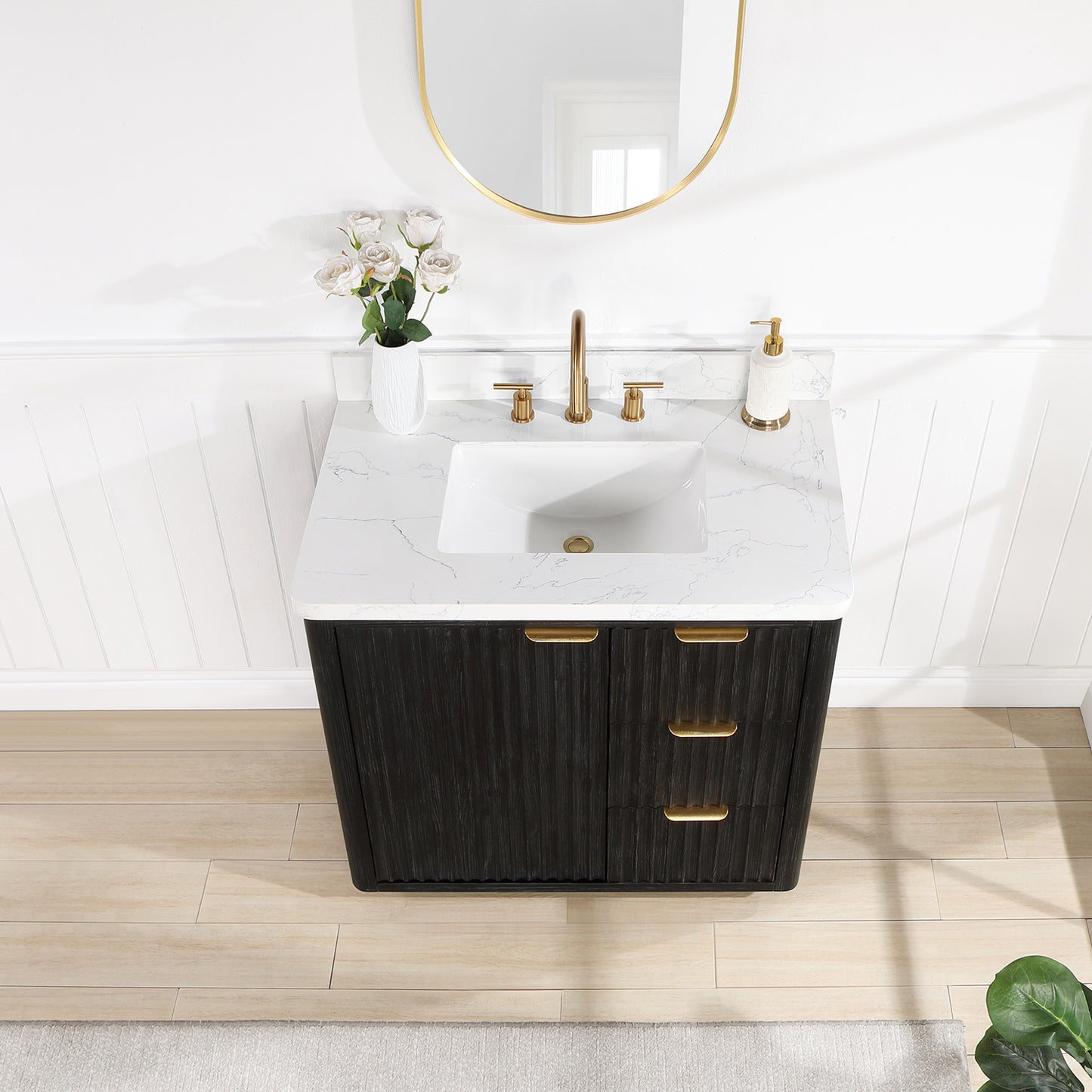 Vinnova, Cádiz 36in. Free-standing Single Bathroom Vanity in Fir Wood Black with Composite top in Lightning White and Mirror
