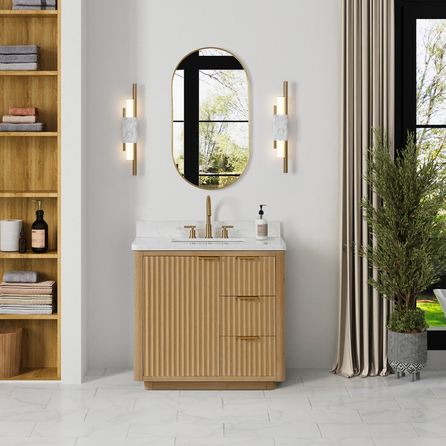 Vinnova, Cádiz 36in. Free-standing Single Bathroom Vanity in Washed Ash Grey with Composite top in Lightning White