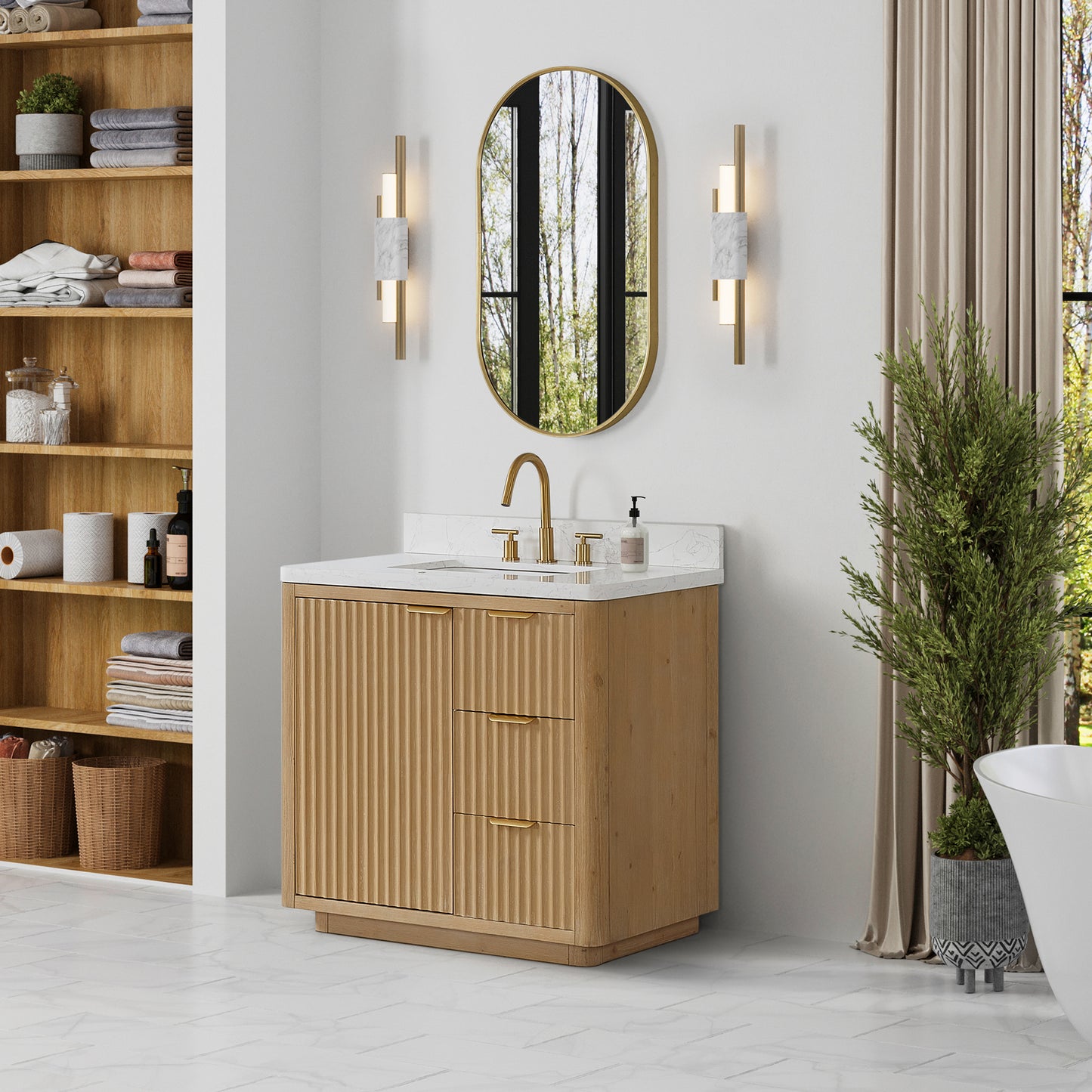 Vinnova, Cádiz 36in. Free-standing Single Bathroom Vanity in Washed Ash Grey with Composite top in Lightning White