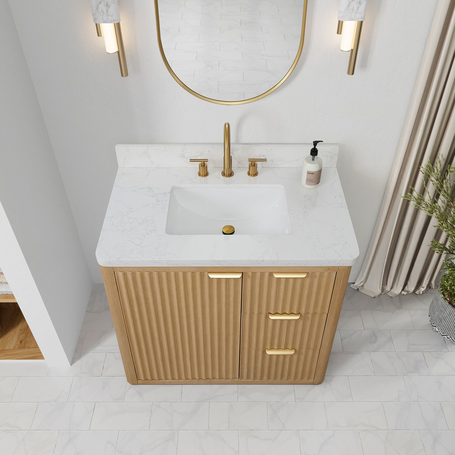 Vinnova, Cádiz 36in. Free-standing Single Bathroom Vanity in Washed Ash Grey with Composite top in Lightning White