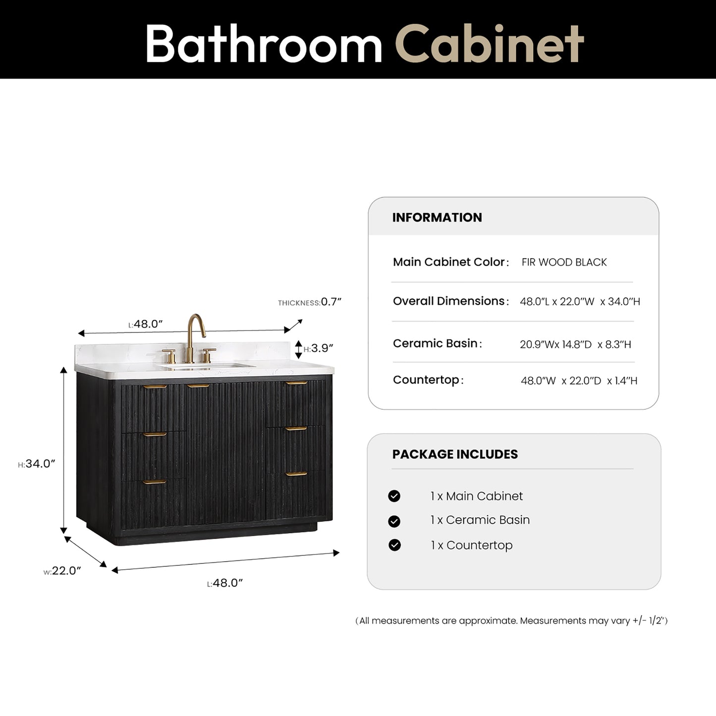 Vinnova, Cádiz 48in. Free-standing Single Bathroom Vanity in Fir Wood Black with Composite top in Lightning White
