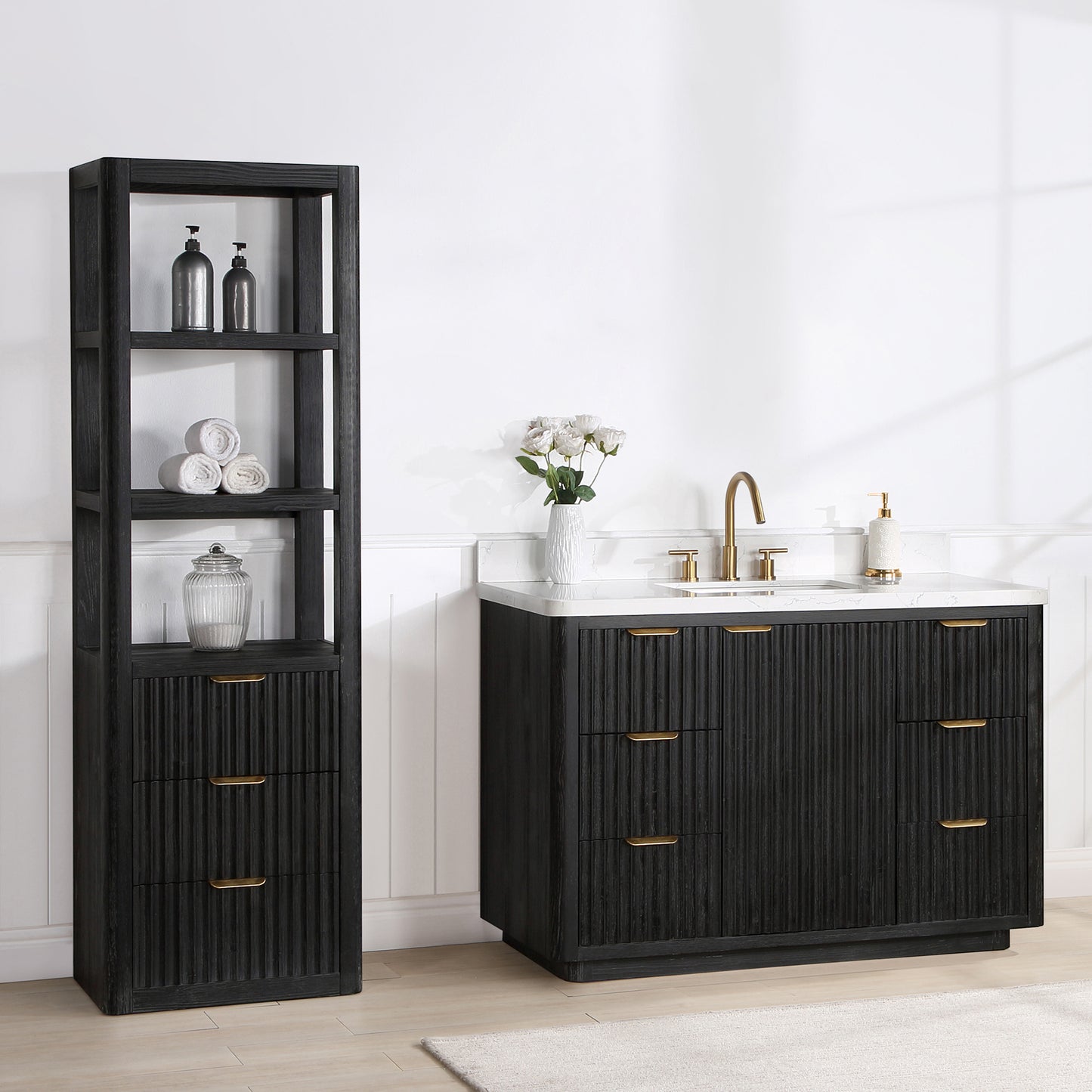 Vinnova, Cádiz 48in. Free-standing Single Bathroom Vanity in Fir Wood Black with Composite top in Lightning White