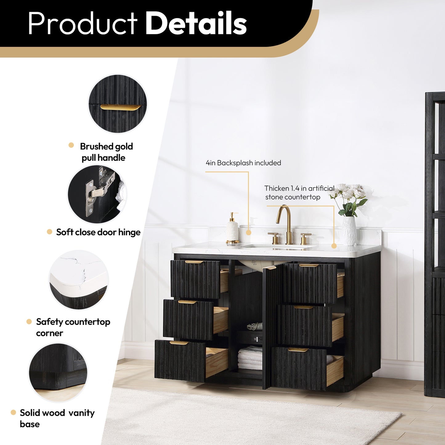Vinnova, Cádiz 48in. Free-standing Single Bathroom Vanity in Fir Wood Black with Composite top in Lightning White