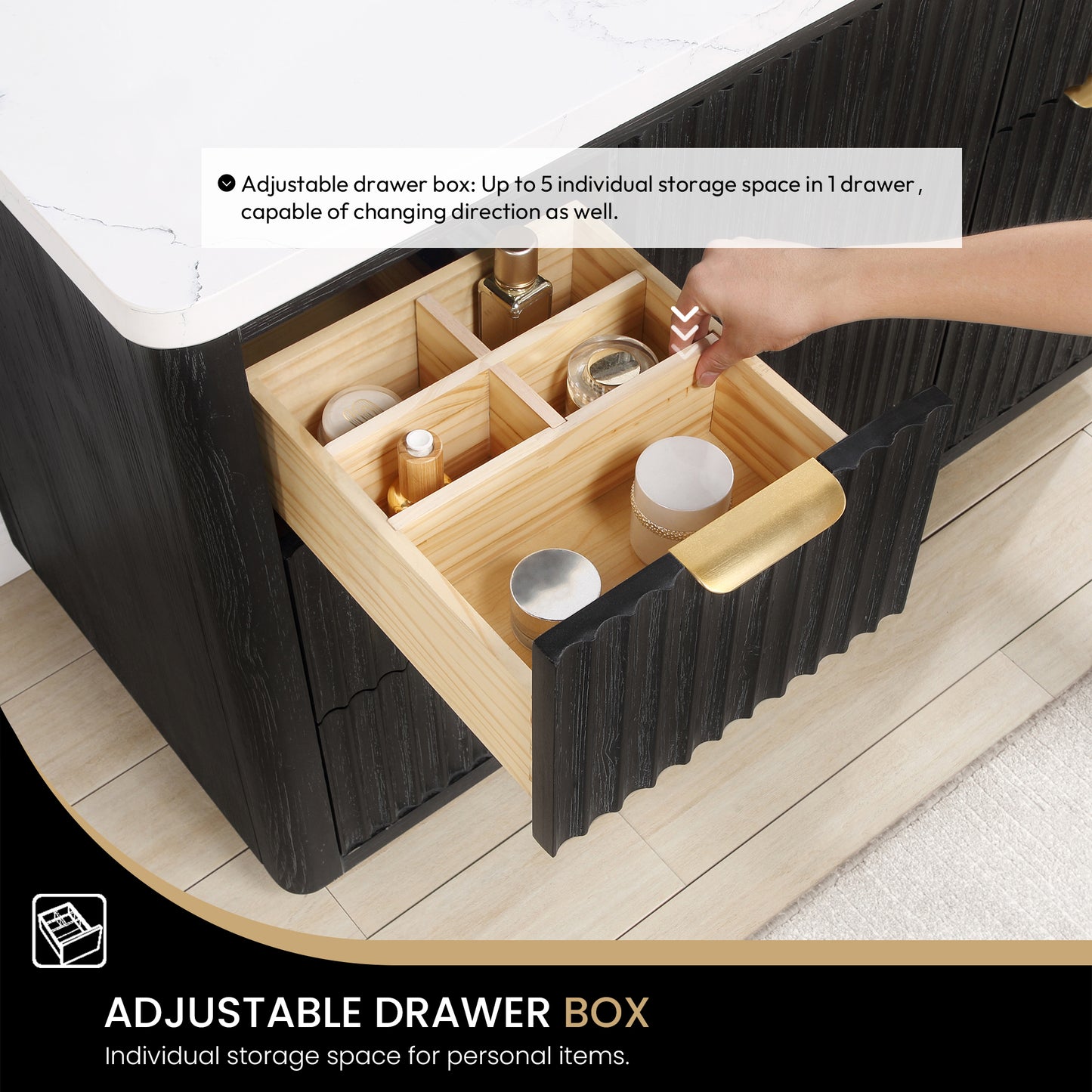 Vinnova, Cádiz 48in. Free-standing Single Bathroom Vanity in Fir Wood Black with Composite top in Lightning White