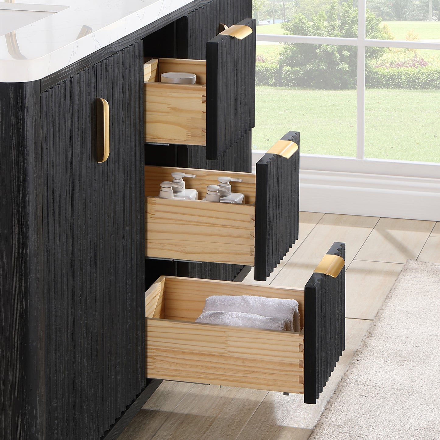 Vinnova, Cádiz 60in. Free-standing Double Bathroom Vanity in Fir Wood Black with Composite top in Lightning White
