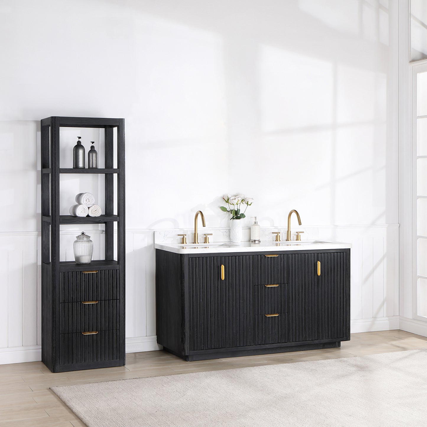 Vinnova, Cádiz 60in. Free-standing Double Bathroom Vanity in Fir Wood Black with Composite top in Lightning White