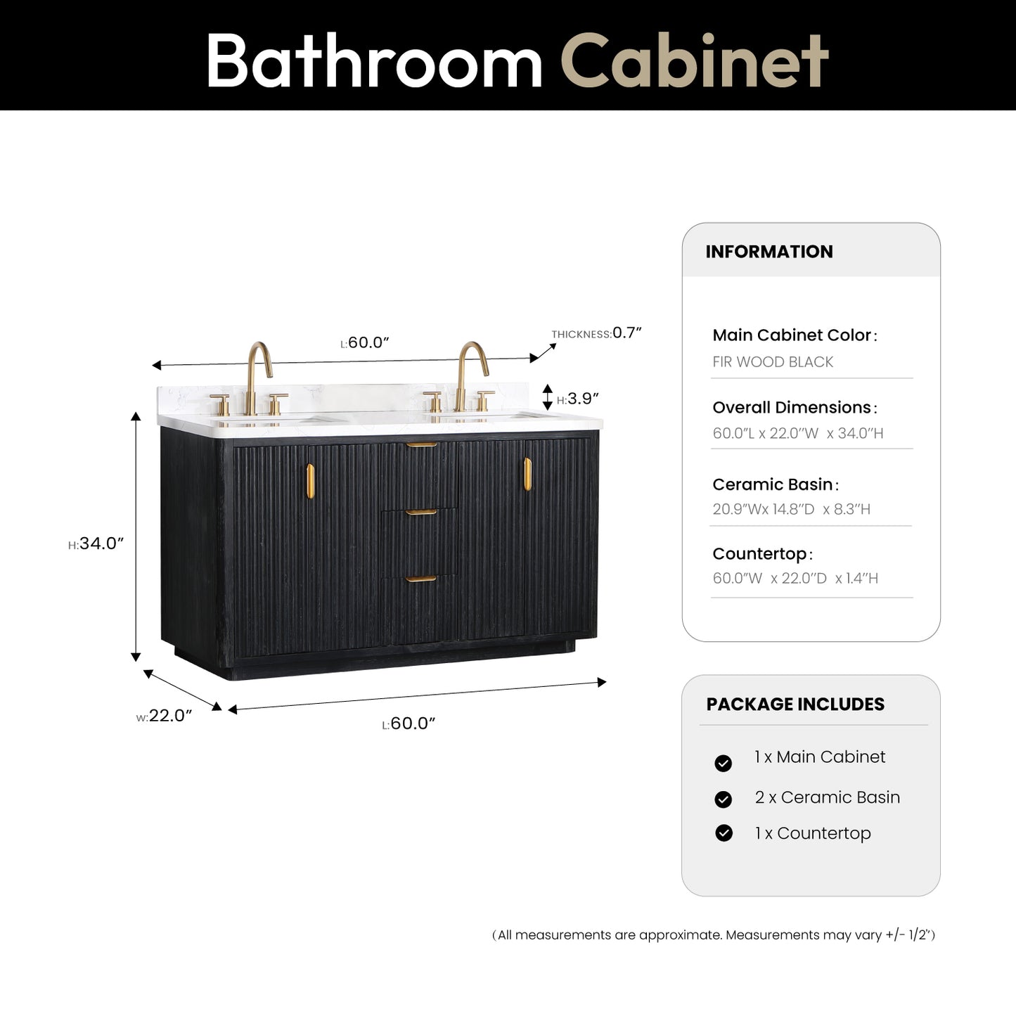 Vinnova, Cádiz 60in. Free-standing Double Bathroom Vanity in Fir Wood Black with Composite top in Lightning White