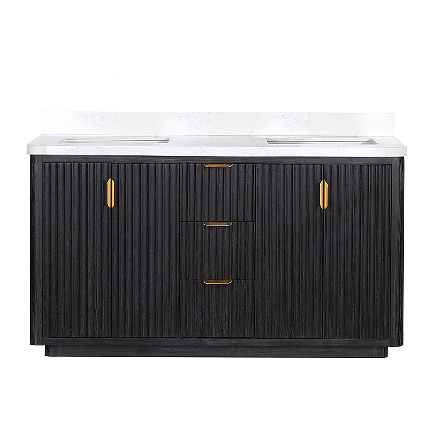 Vinnova, Cádiz 60in. Free-standing Double Bathroom Vanity in Fir Wood Black with Composite top in Lightning White