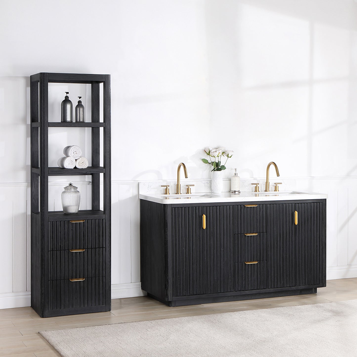 Vinnova, Cádiz 60in. Free-standing Double Bathroom Vanity in Fir Wood Black with Composite top in Lightning White