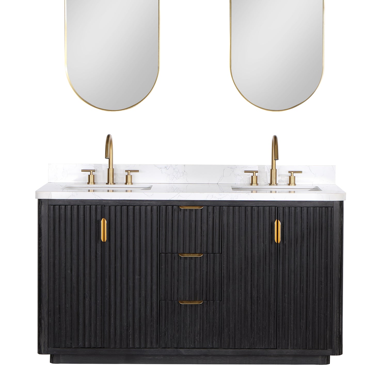 Vinnova, Cádiz 60in. Free-standing Double Bathroom Vanity in Fir Wood Black with Composite top in Lightning White and Mirror