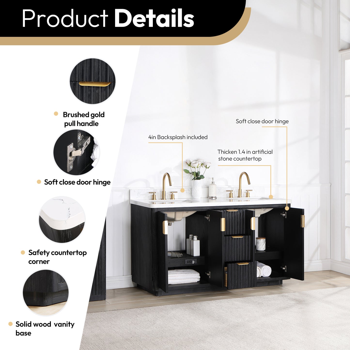 Vinnova, Cádiz 60in. Free-standing Double Bathroom Vanity in Fir Wood Black with Composite top in Lightning White and Mirror