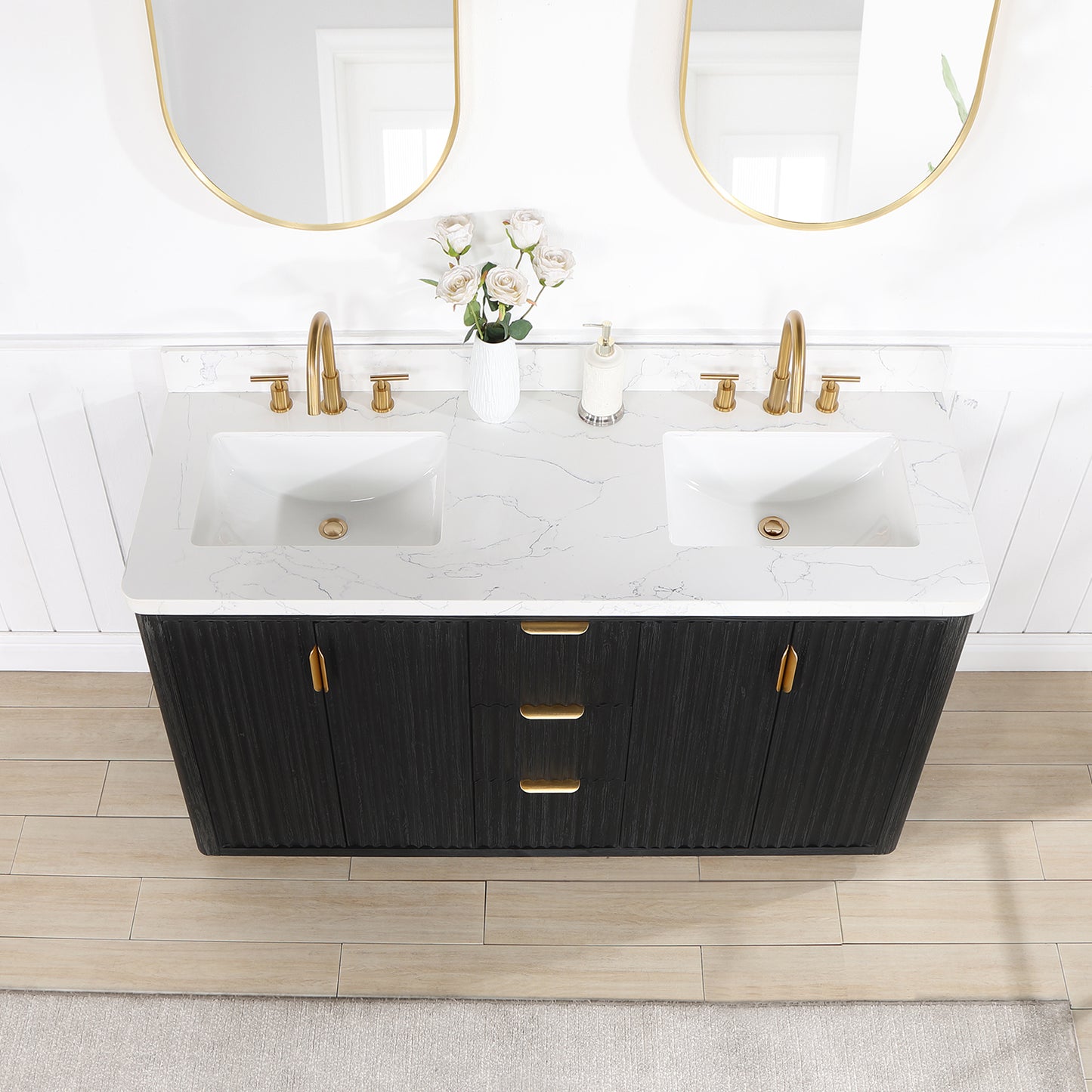 Vinnova, Cádiz 60in. Free-standing Double Bathroom Vanity in Fir Wood Black with Composite top in Lightning White and Mirror