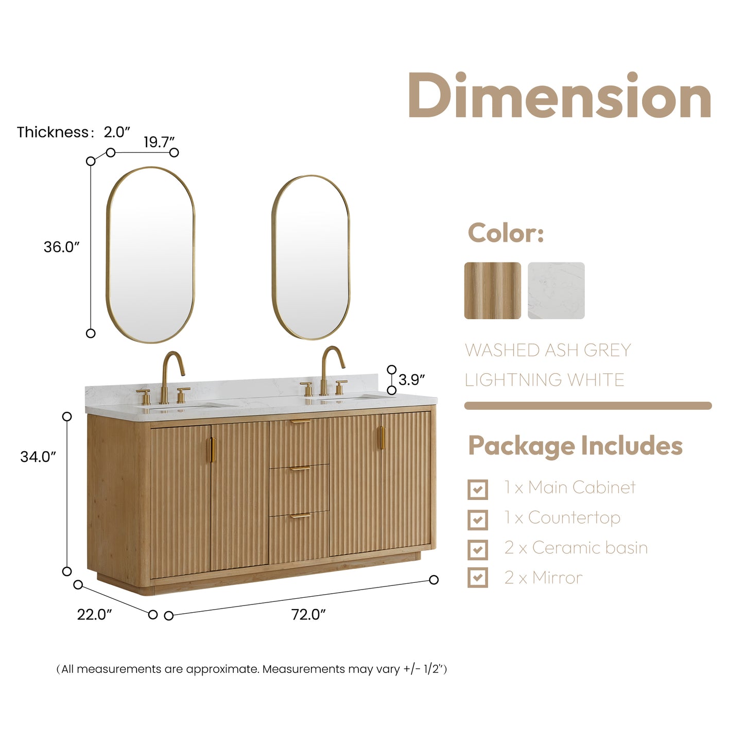 Vinnova, Cádiz 72in. Free-standing Double Bathroom Vanity in Washed Ash Grey with Composite top in Lightning White and Mirror