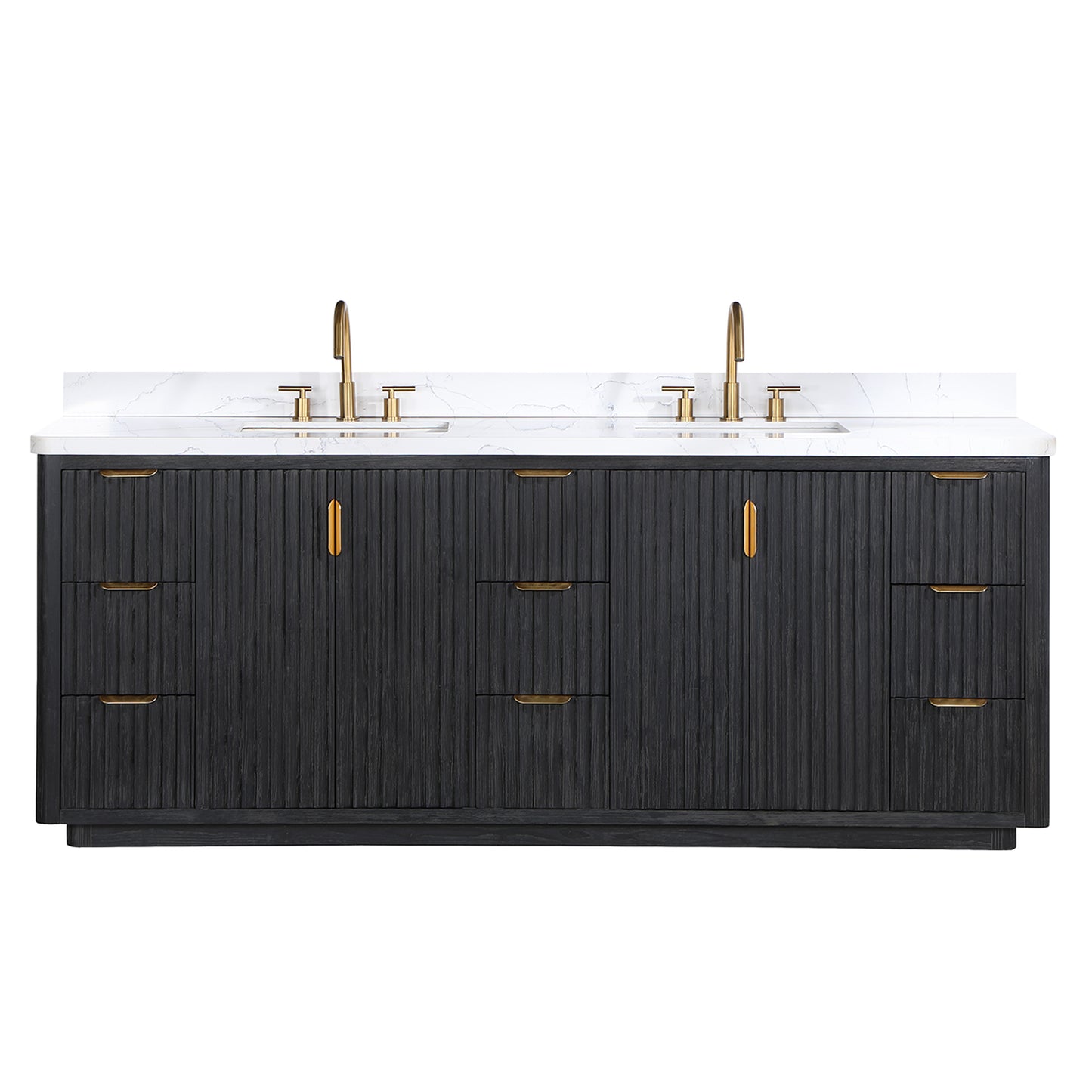 Vinnova, Cádiz 84in. Free-standing Double Bathroom Vanity in Fir Wood Black with Composite top in Lightning White