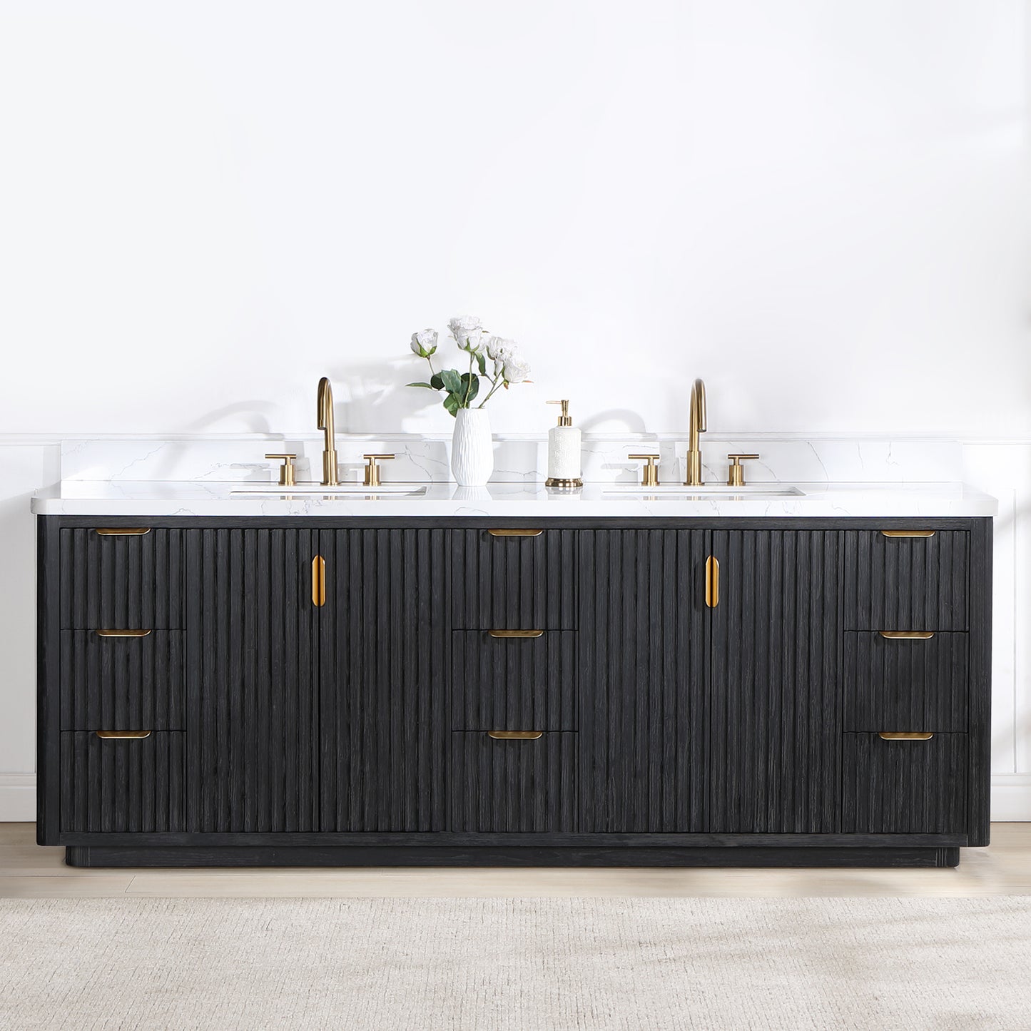 Vinnova, Cádiz 84in. Free-standing Double Bathroom Vanity in Fir Wood Black with Composite top in Lightning White