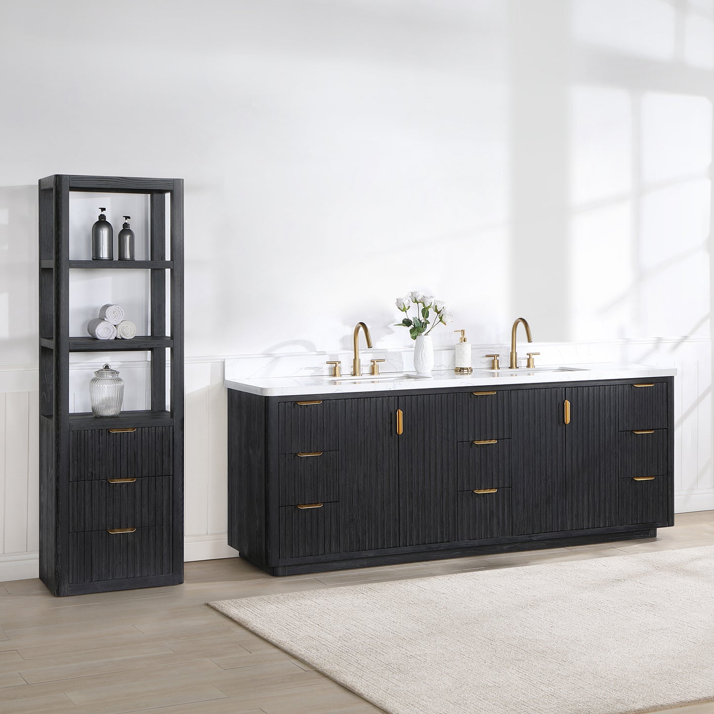 Vinnova, Cádiz 84in. Free-standing Double Bathroom Vanity in Fir Wood Black with Composite top in Lightning White