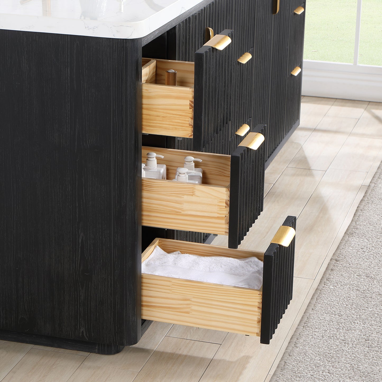 Vinnova, Cádiz 84in. Free-standing Double Bathroom Vanity in Fir Wood Black with Composite top in Lightning White and Mirror