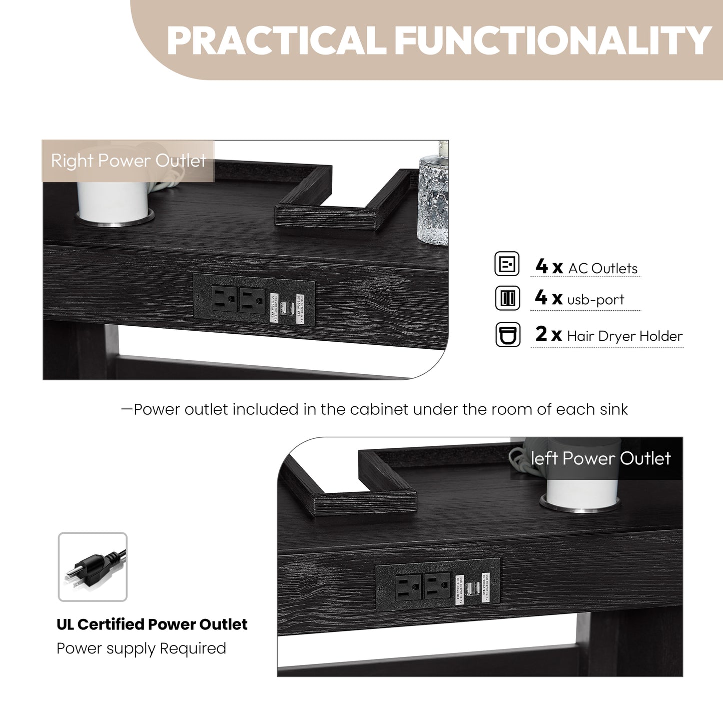 Vinnova, Cádiz 84in. Free-standing Double Bathroom Vanity in Fir Wood Black with Composite top in Lightning White and Mirror