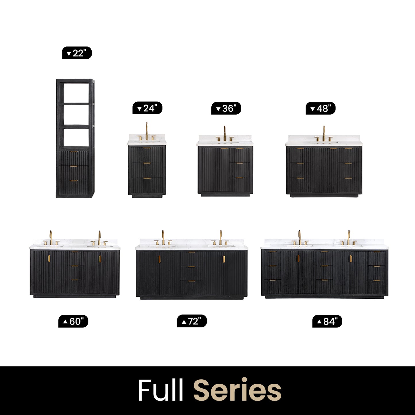 Vinnova, Cádiz 84in. Free-standing Double Bathroom Vanity in Fir Wood Black with Composite top in Lightning White and Mirror