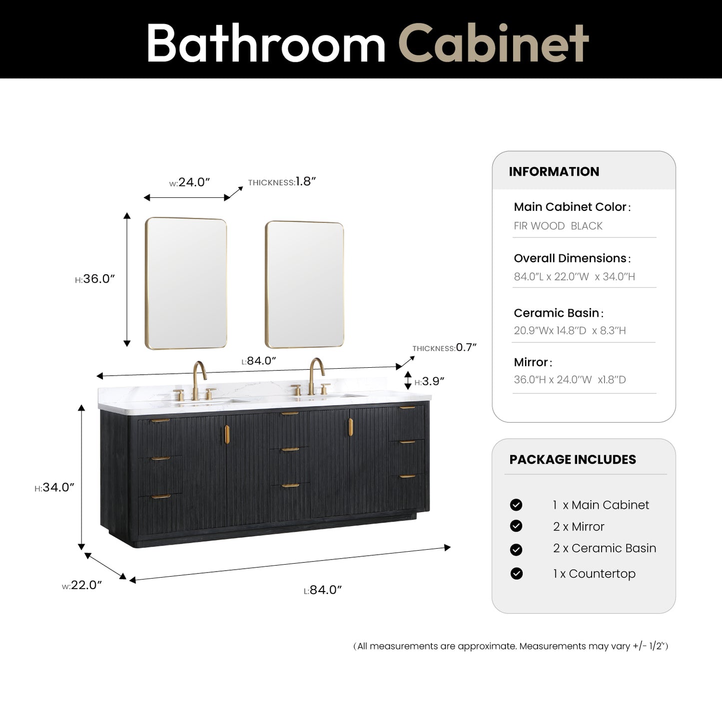 Vinnova, Cádiz 84in. Free-standing Double Bathroom Vanity in Fir Wood Black with Composite top in Lightning White and Mirror